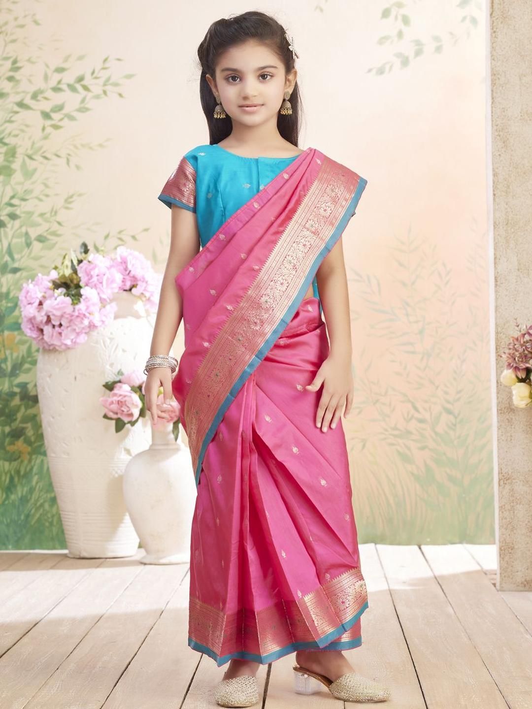 BAESD Girls Ethnic Motif Woven Design Zari Art Silk Block Print Saree-picture-14