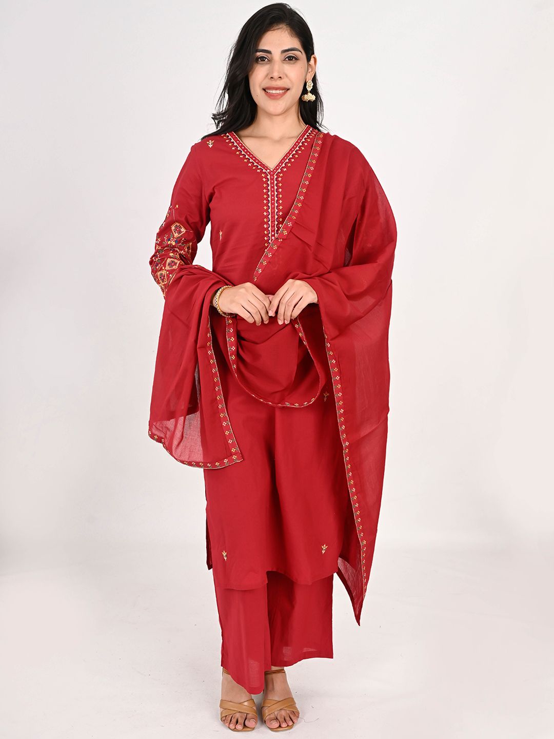 INDULI Women Floral Yoke Design Regular Pure Cotton Kurta With Trousers & Dupatta