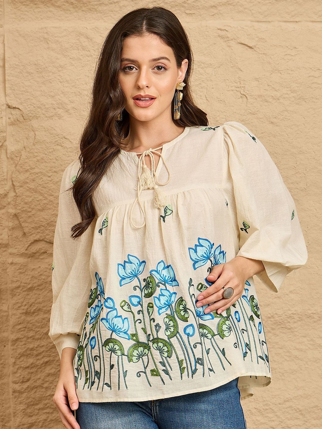 DRAPE AND DAZZLE Floral Embroidered Kimono Sleeve Cotton Top-picture-10