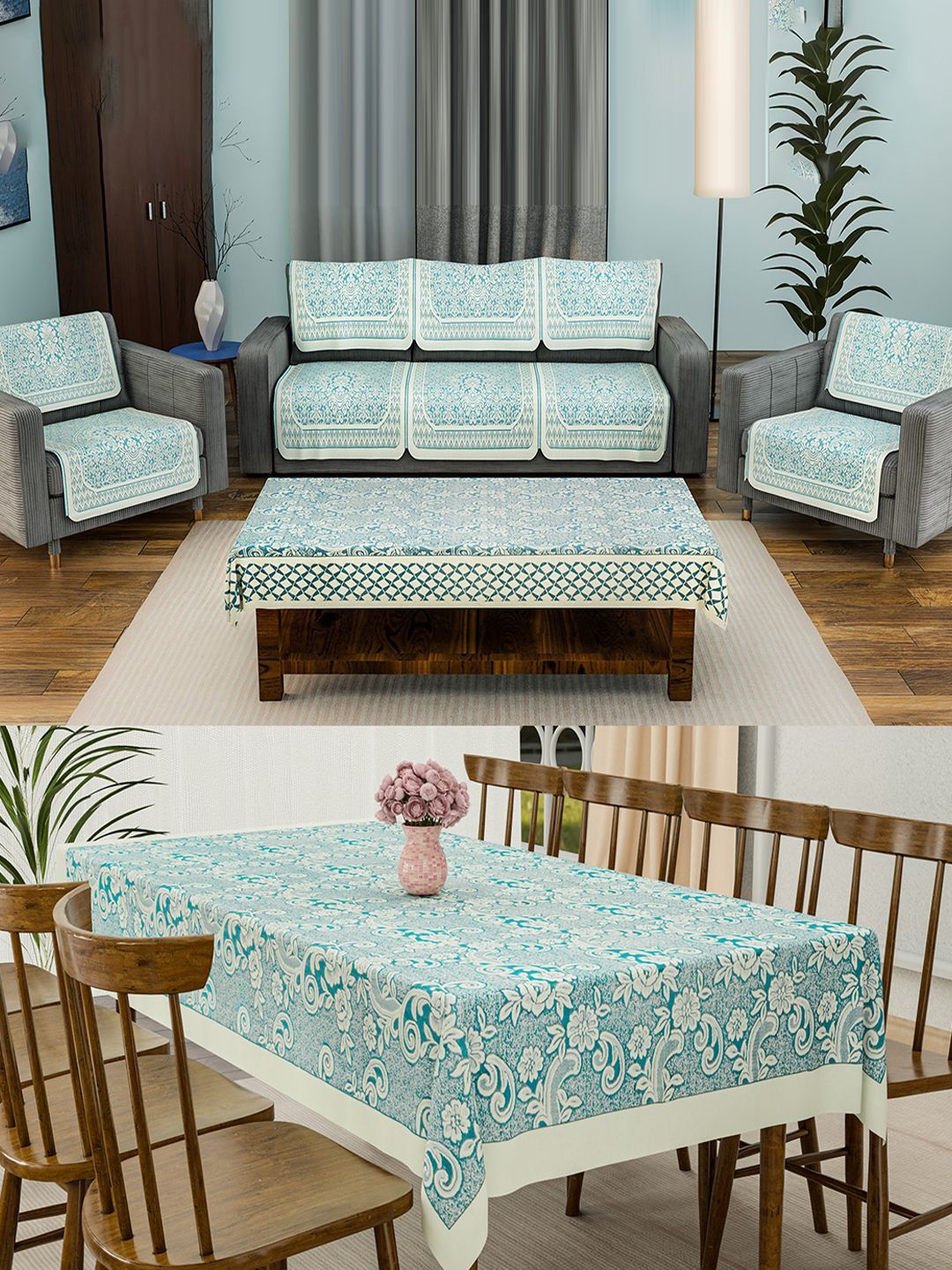 Kuber Industries Cream-Coloured 12 Pieces Cotton Sofa Covers & Center & Dining Table Cover