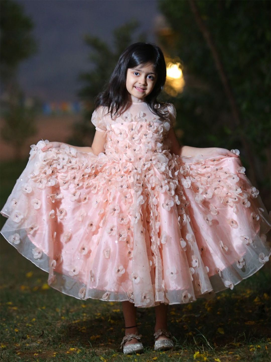 Alyaansh Couture Girls Floral Studded Satin Fit & Flare Dress-picture-55