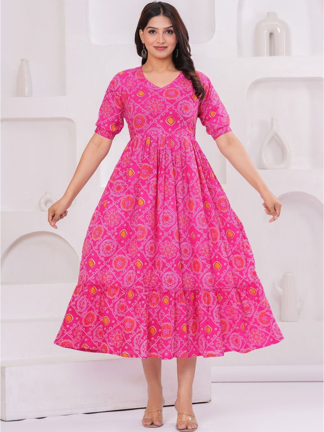 BAESD Women Ethnic Motifs Printed Puff Sleeve Maternity Midi Dress-picture-28