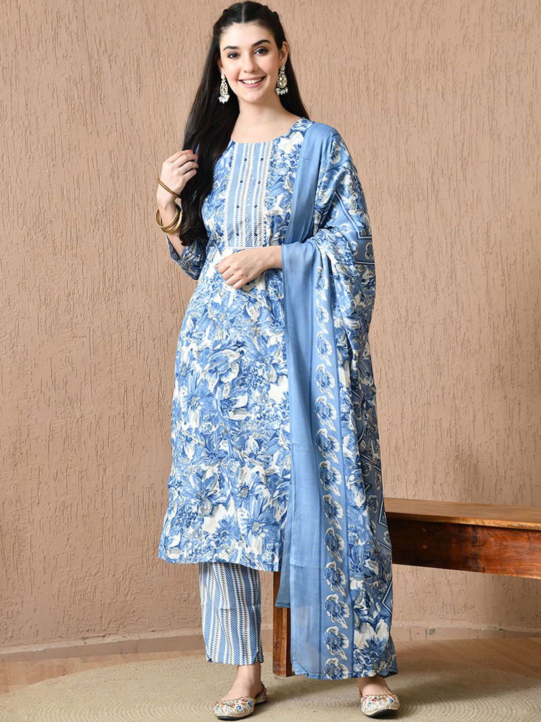 HARIKS Women Floral Printed Cotton Kurta with Trousers & Dupatta