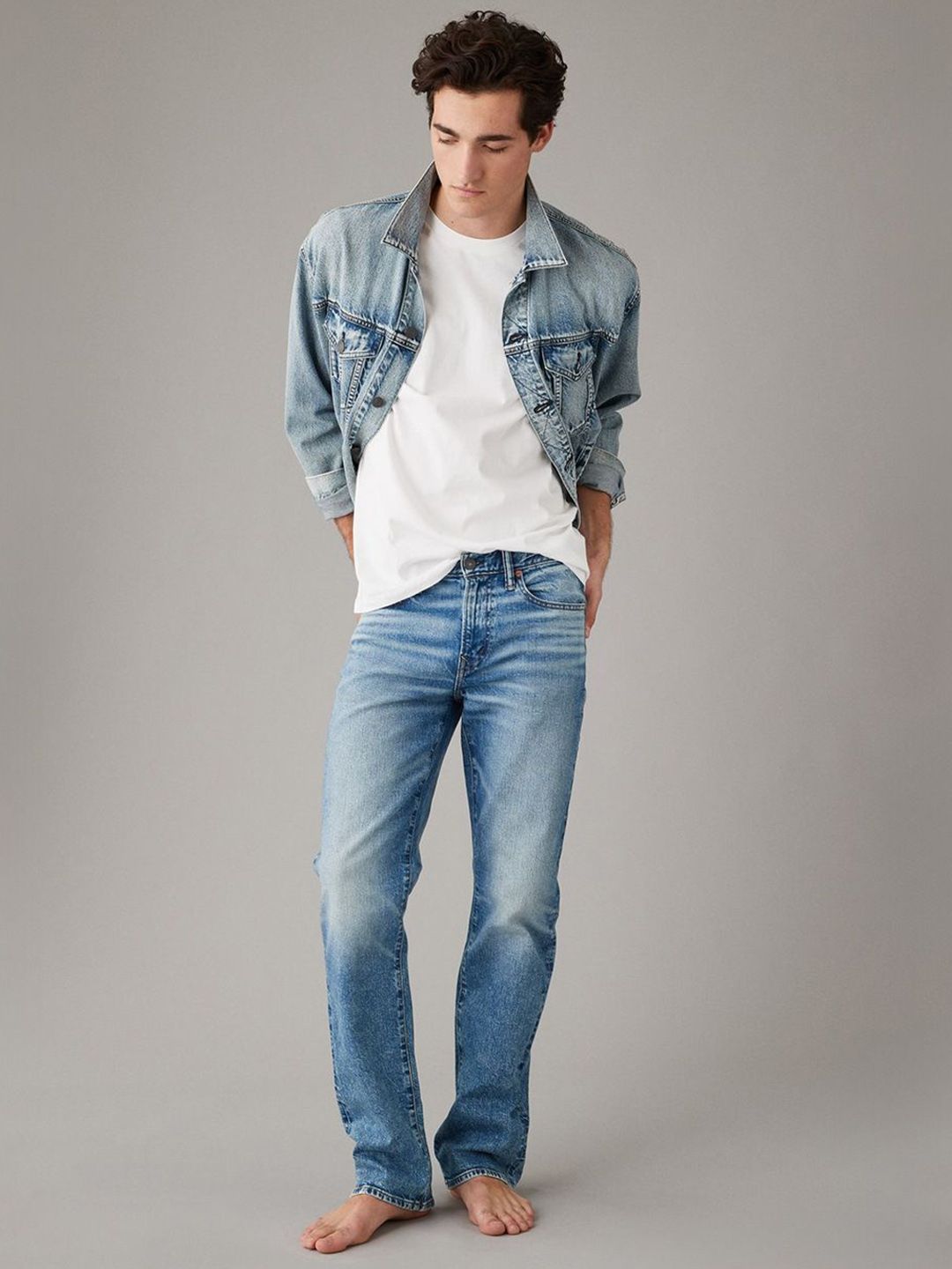 AMERICAN EAGLE OUTFITTERS Men Bootcut Mid-Rise Slash Knee Light Fade Jeans-picture-29