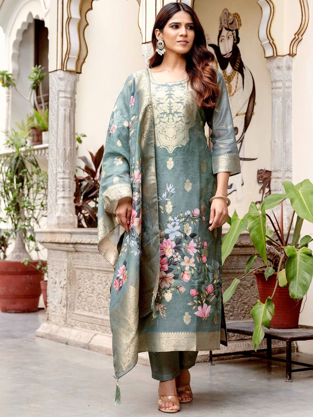 Pantos Women Printed Regular Chanderi Cotton Straight Kurta with Trousers & Dupatta