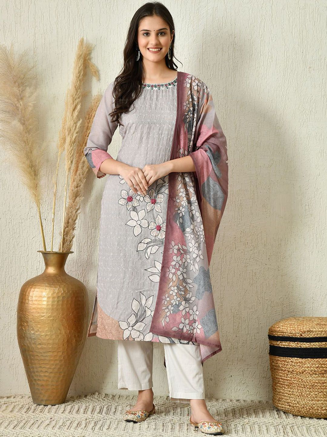 HARIKS Women Embroidered Thread Work Pure Cotton Kurta with Trousers & Dupatta