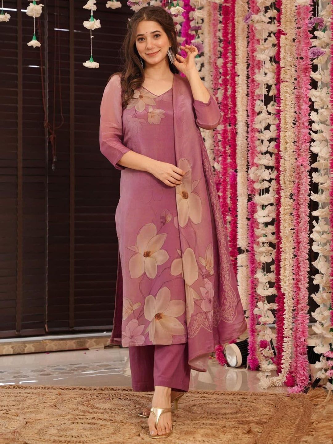 Brand Hill Floral Printed V-Neck Dupion Silk Straight Kurta With Trousers & Dupatta