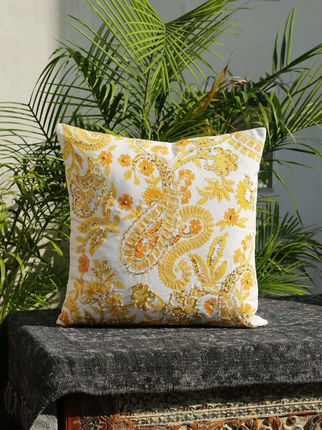 Revive Home White & Yellow Embroidered Square Cushion Covers-picture-11