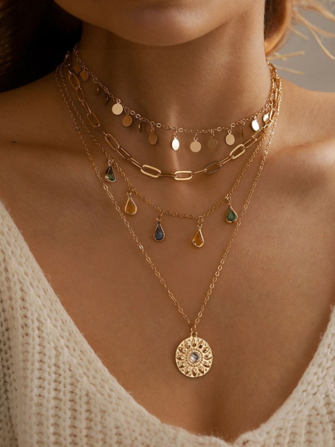 OOMPH Artificial Stones Studded & Beaded Layered Statement Necklace-image-33