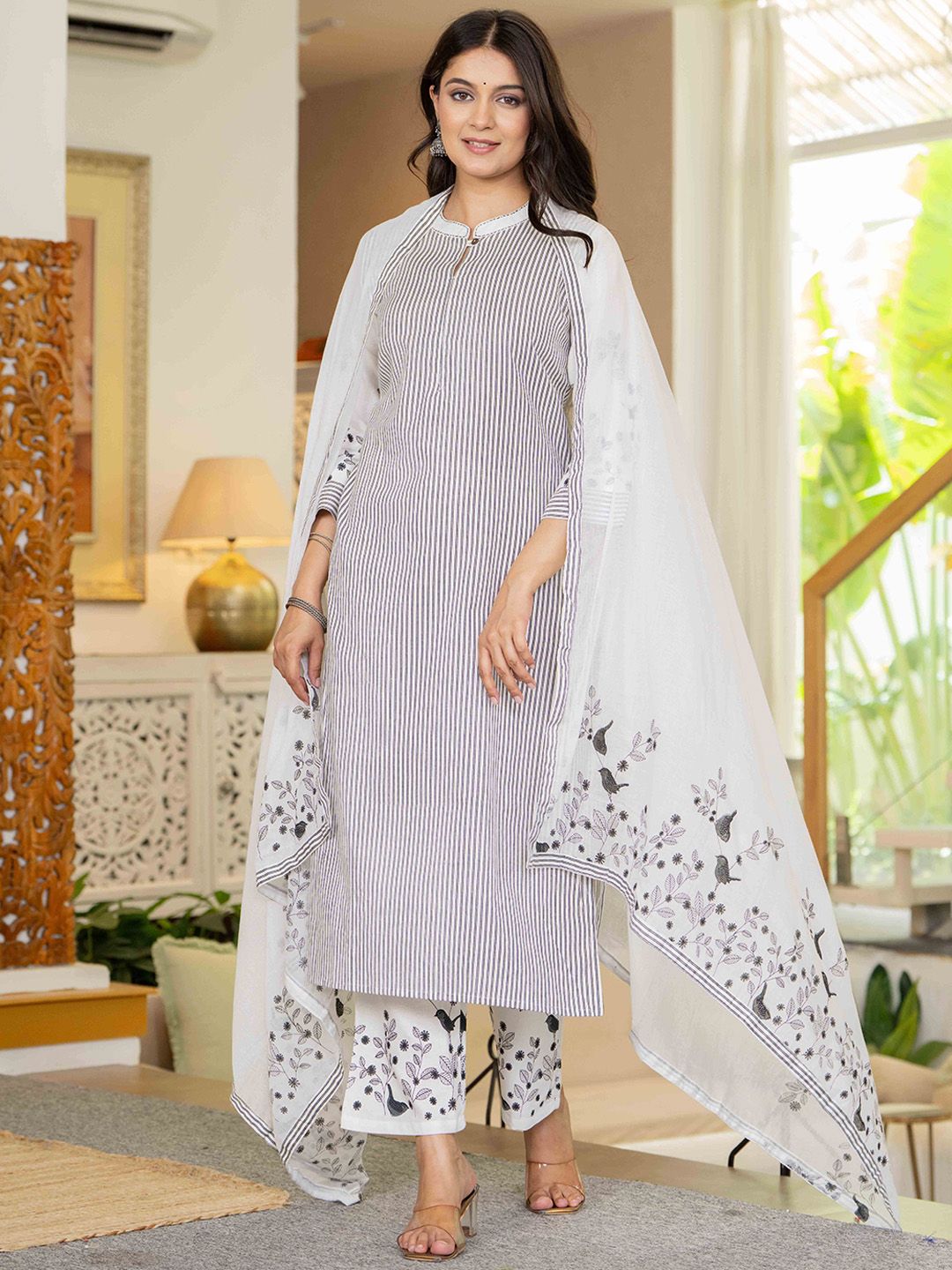 Pistaa Women Striped Regular Pure Cotton Kurta with Trousers & Dupatta