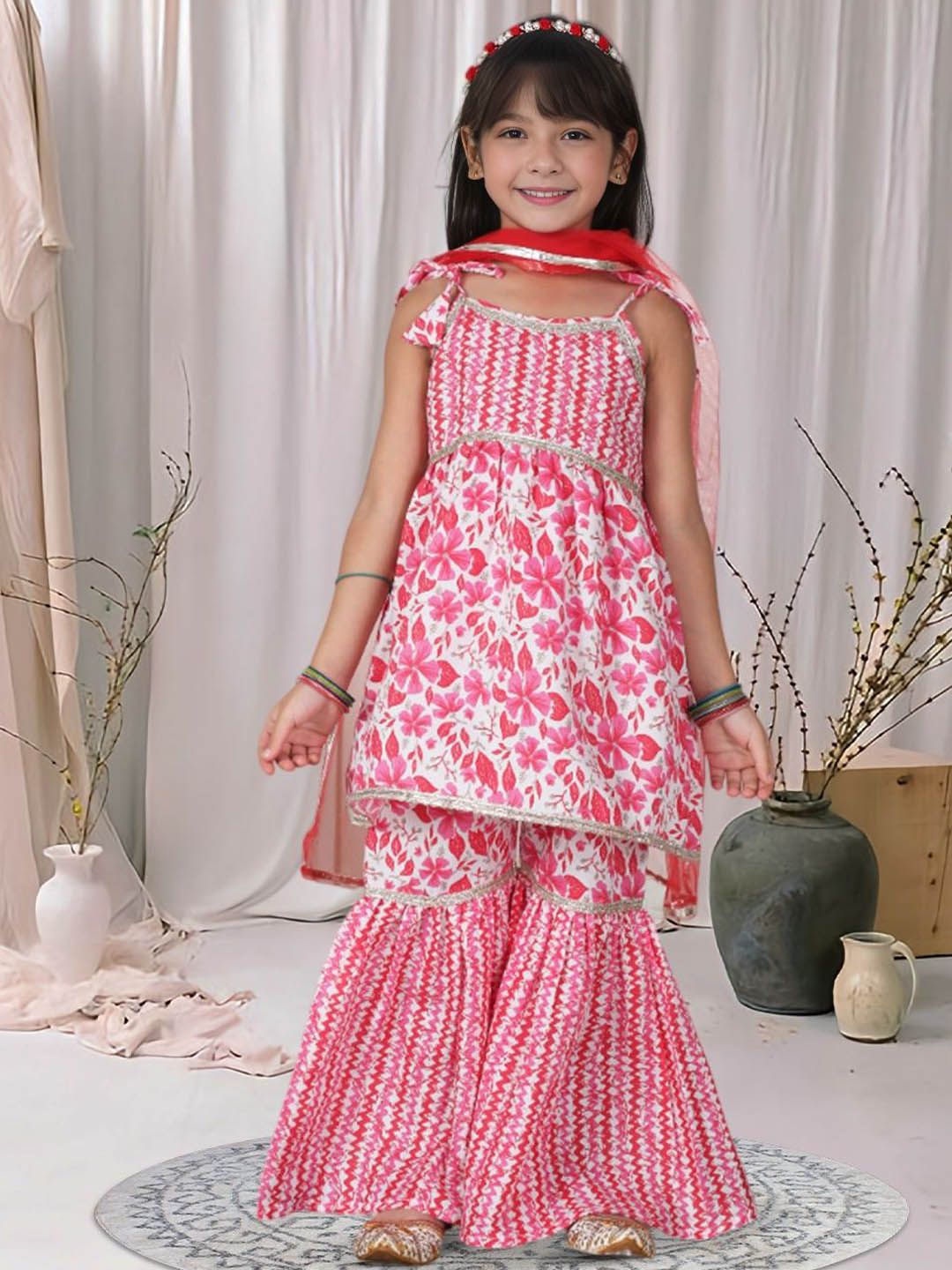 Cutiekins Girls Printed Shoulder Straps Gotta Patti A-Line Kurta With Sharara & Dupatta-picture-36