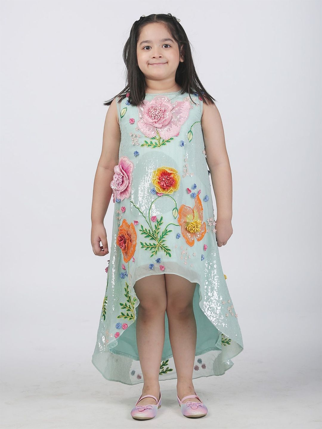 Alyaansh Couture Girls 3D Floral High Low Dress-image-3