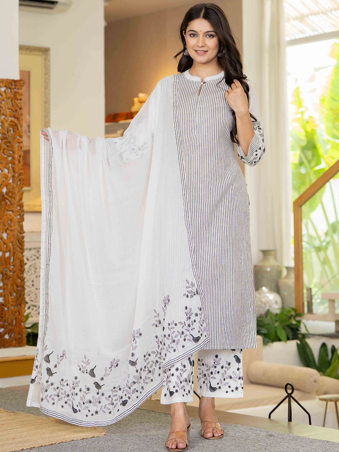 Pistaa Women Striped Cotton Kurta with Trousers & Dupatta