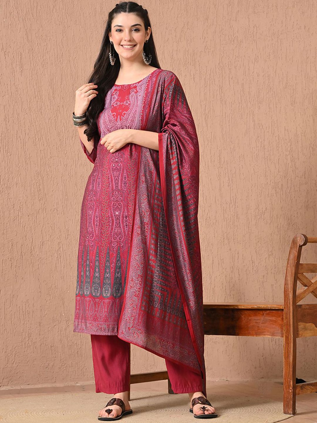 HARIKS Paisley Printed Round Neck Pure Silk Kurta With Trousers & Dupatta