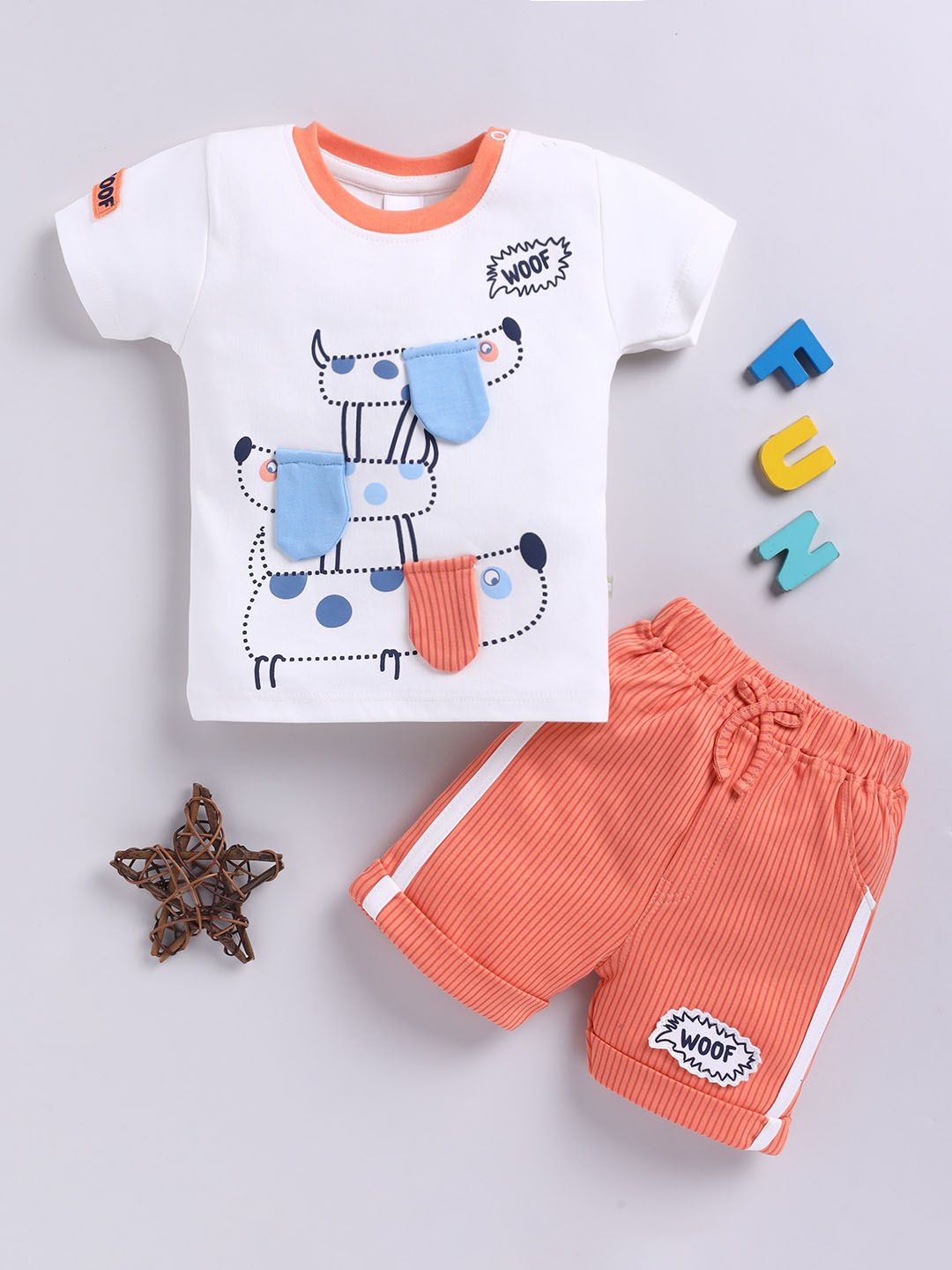 Moms Love Infant Boys Printed Applique Detail Pure Cotton T-shirt with Striped Shorts-picture-43