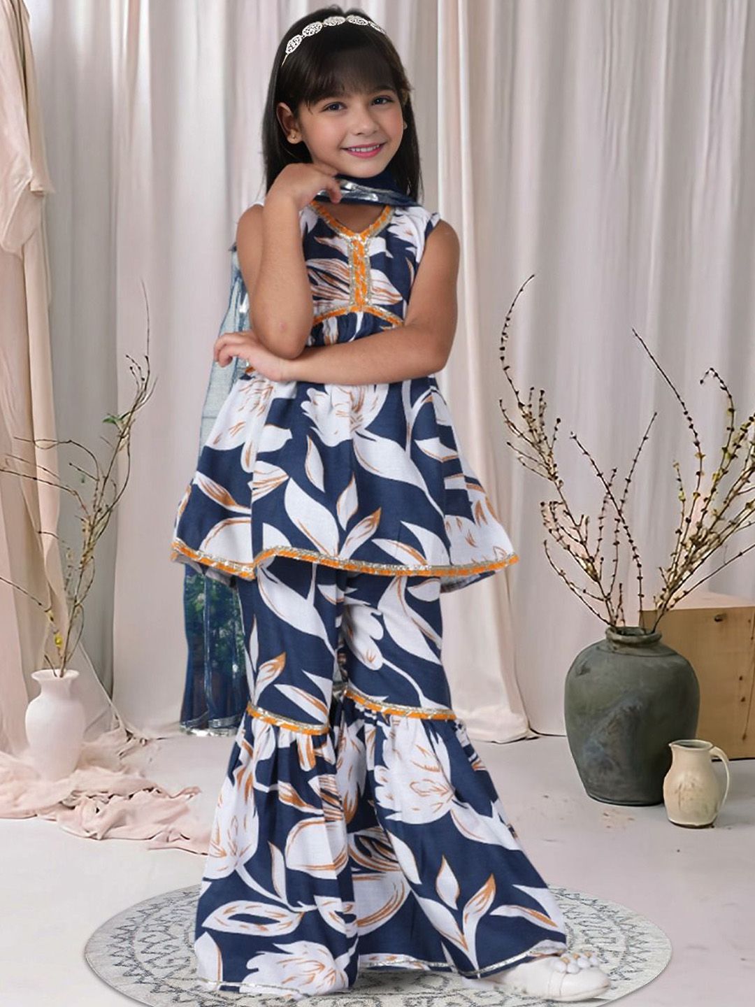 Cutiekins Girls Floral Printed Gotta Patti A-Line Kurta With Sharara & Dupatta-picture-35