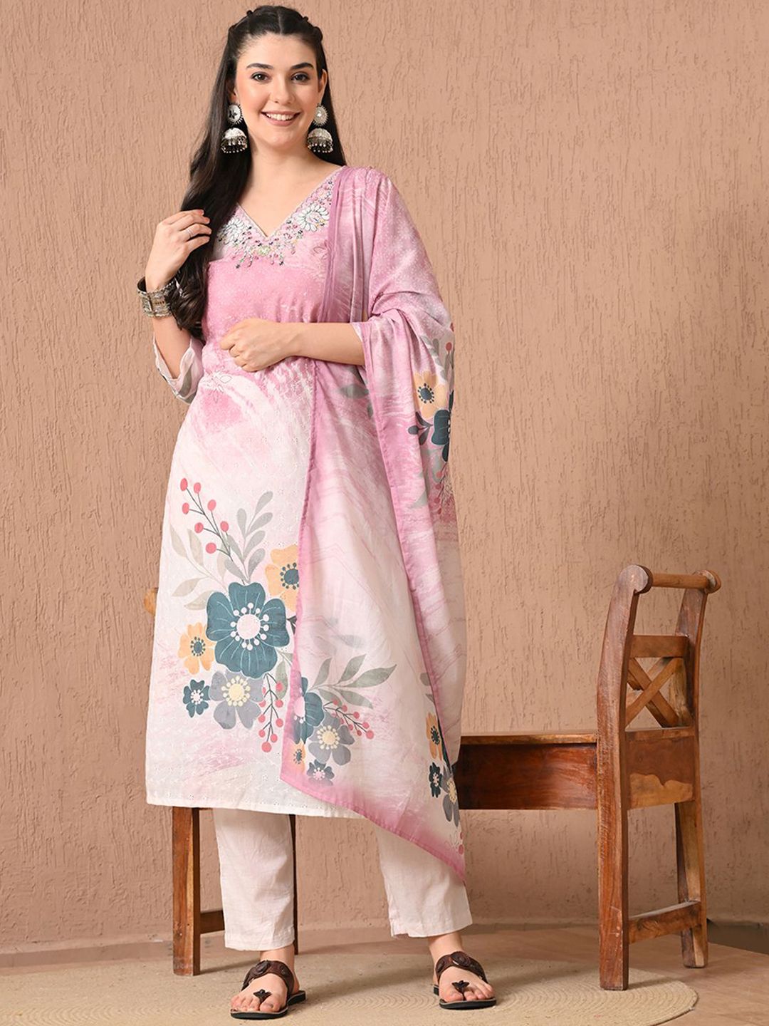 HARIKS Women Floral Printed Cotton Kurta with Trousers & Dupatta