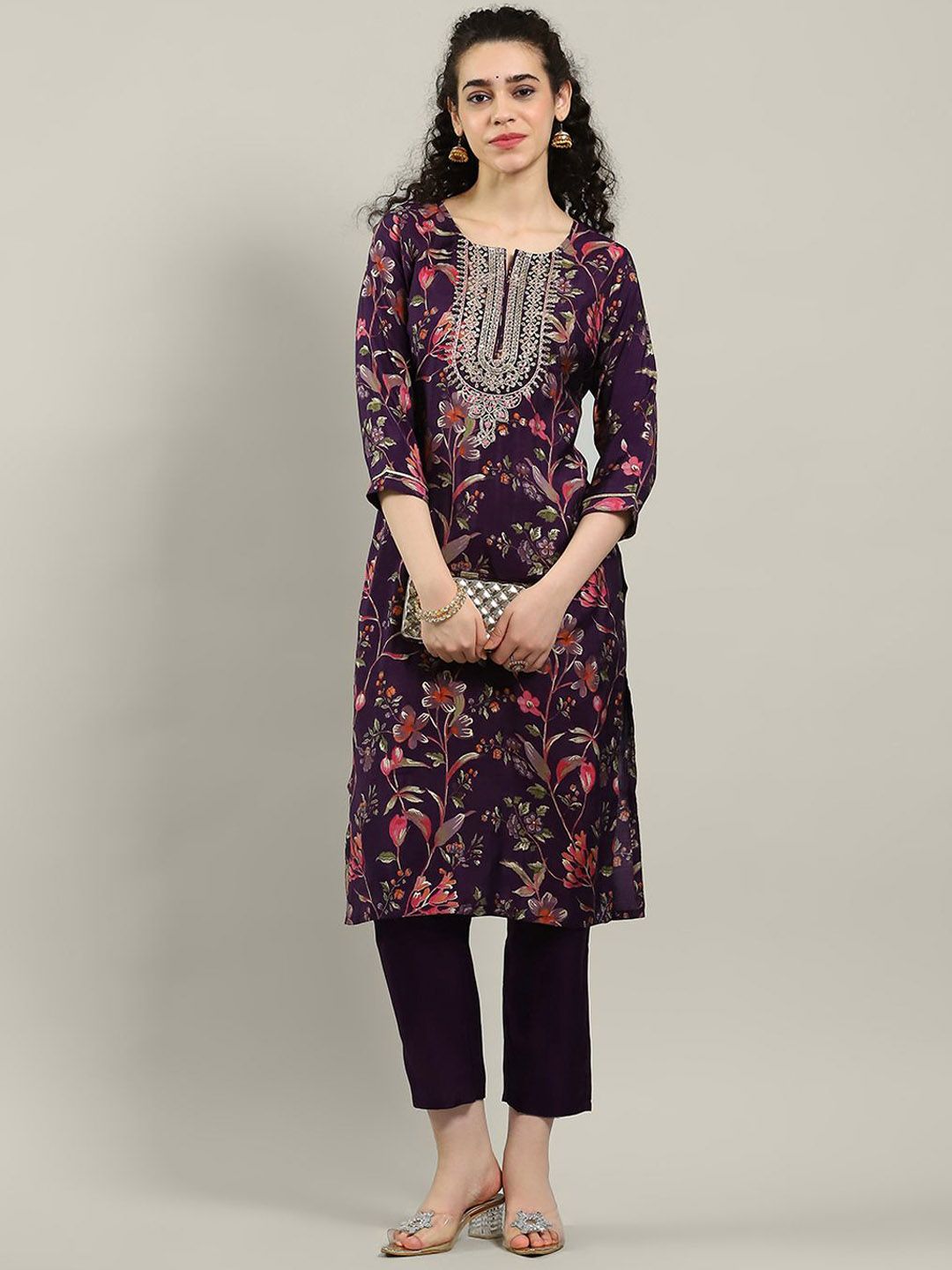 Meena Bazaar Floral Printed Round Neck Straight Kurta With Trousers