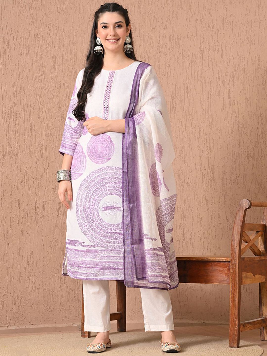 HARIKS Women Geometric Printed Linen Kurta with Trousers & Dupatta