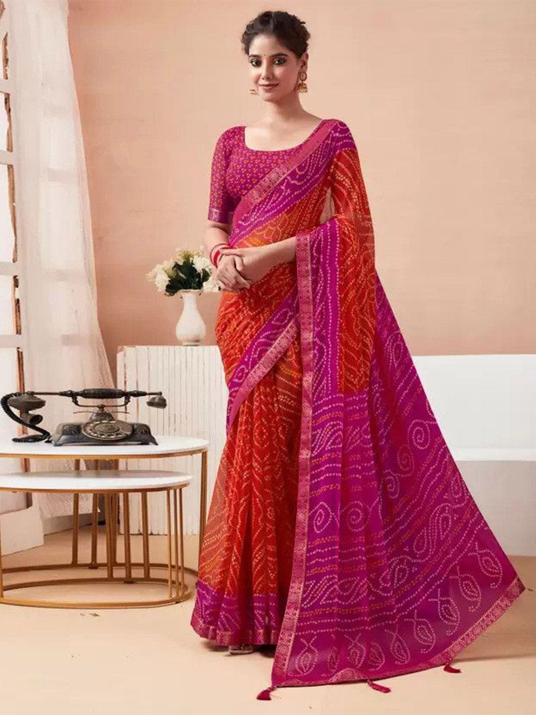 DURGA EMPORIO Printed Zari Bandhani Pure Chiffon Saree-picture-29