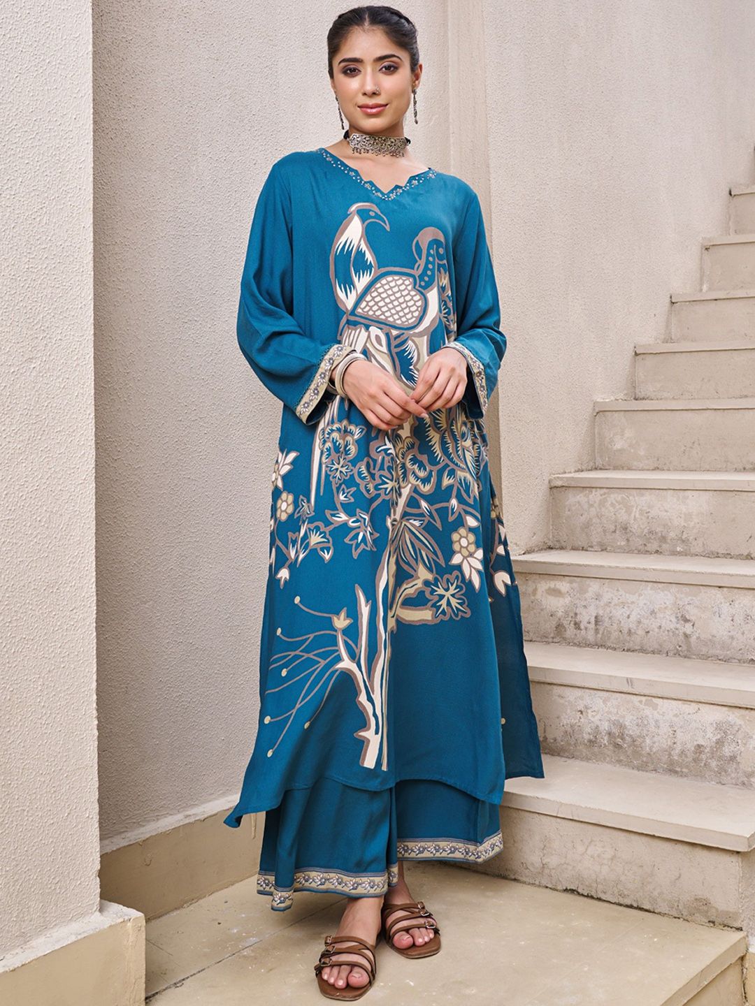 AUTUMN LANE Kabool Peacock Printed Sequinned Pure Cotton Kurta with Palazzos-picture-41