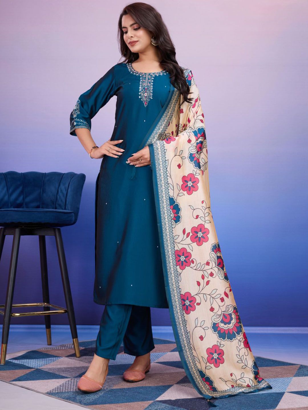 GRISHU COLLECTION Women Ethnic Motifs Embroidered Pure Silk Kurta with Trousers & Dupatta