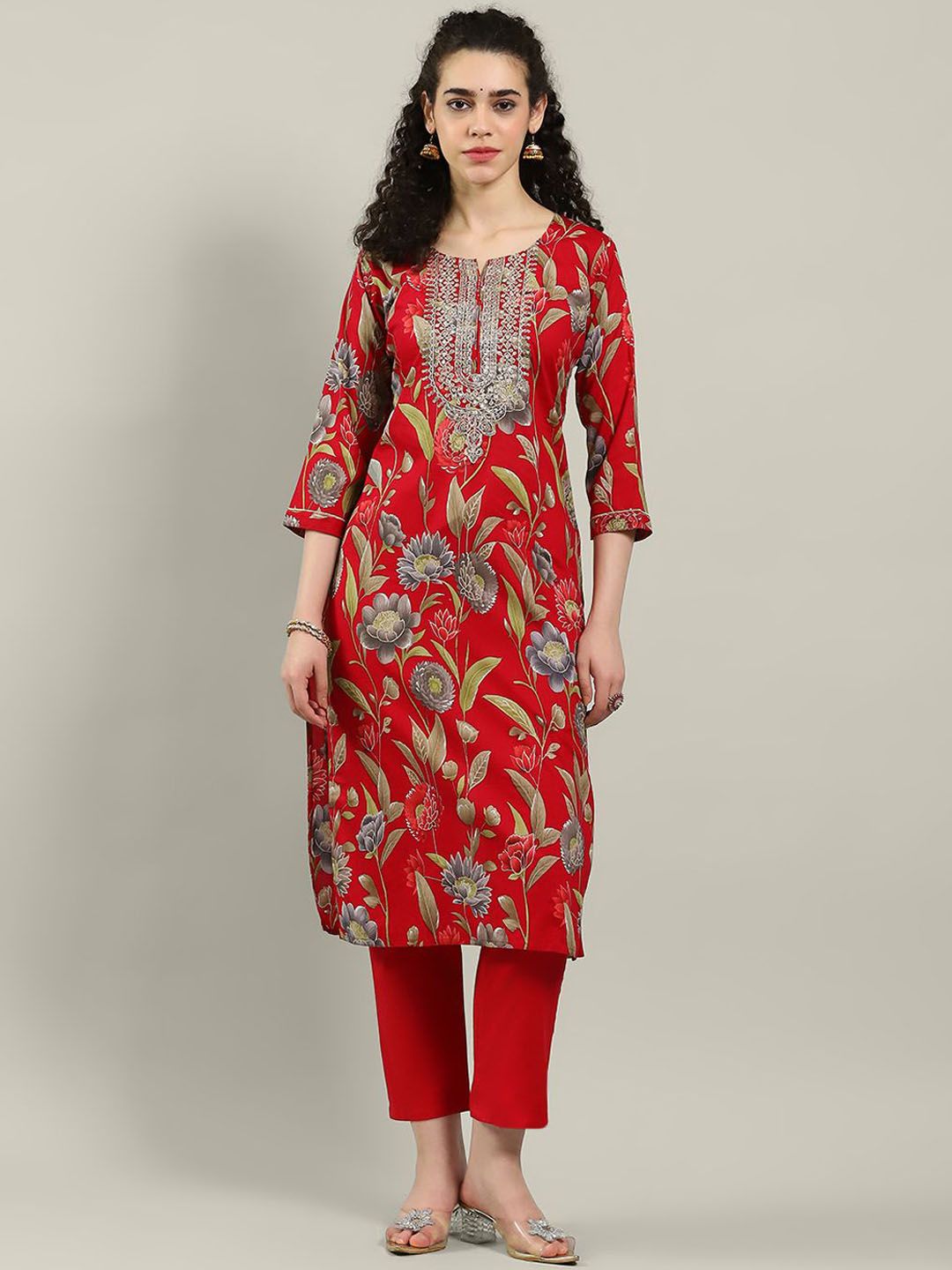 Meena Bazaar Floral Embroidered Straight Kurta With Trousers