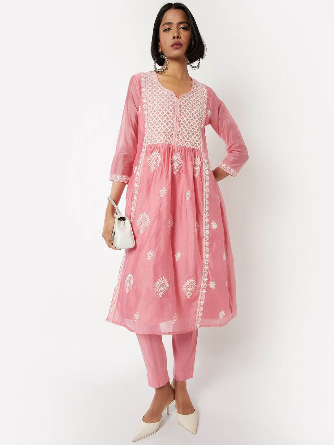 max Floral Embroidered Round Neck Flared A-Line Kurta With Trousers