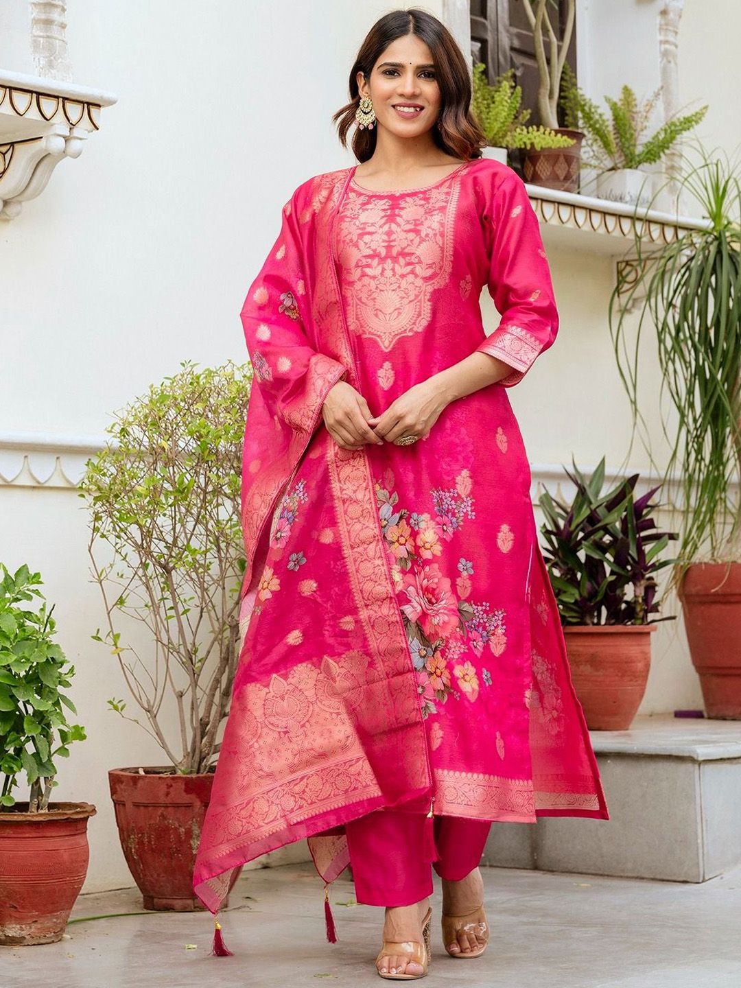 Pantos Women Printed Regular Chanderi Cotton Kurta with Trousers & Dupatta