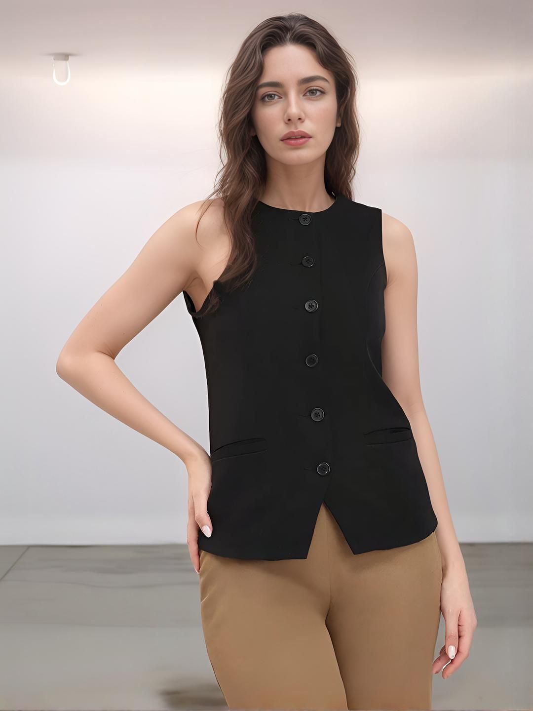 Moda Rapido Women Black Formal Sleeveless Waistcoat-picture-42