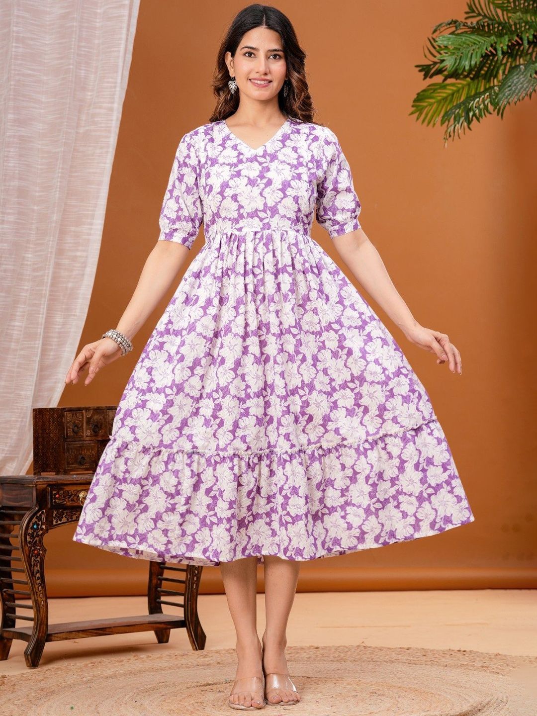 BAESD Women Floral Printed Puff Sleeve Cotton Gown Dress