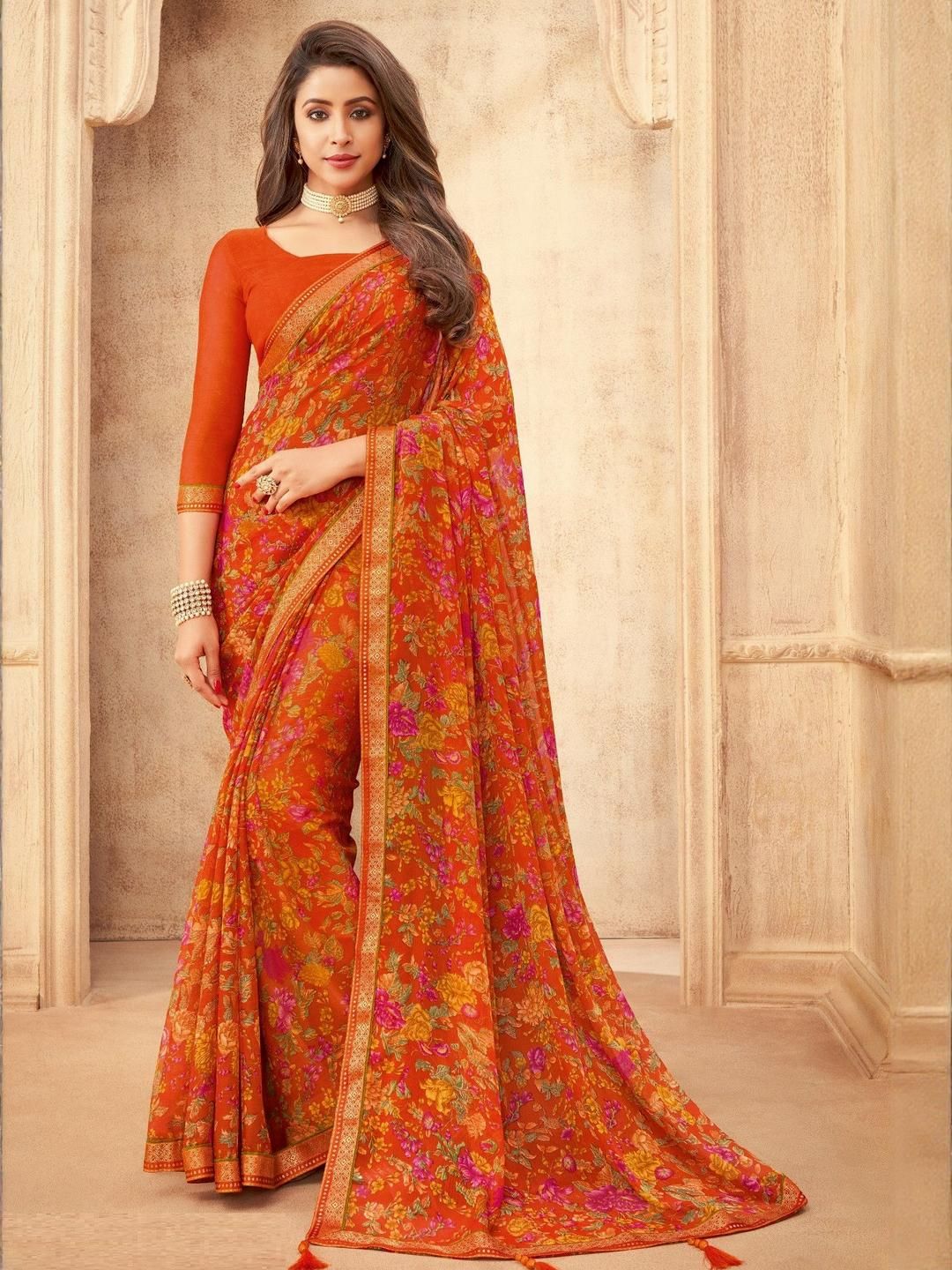 DURGA EMPORIO Floral Printed Zari Pure Chiffon Saree-picture-32