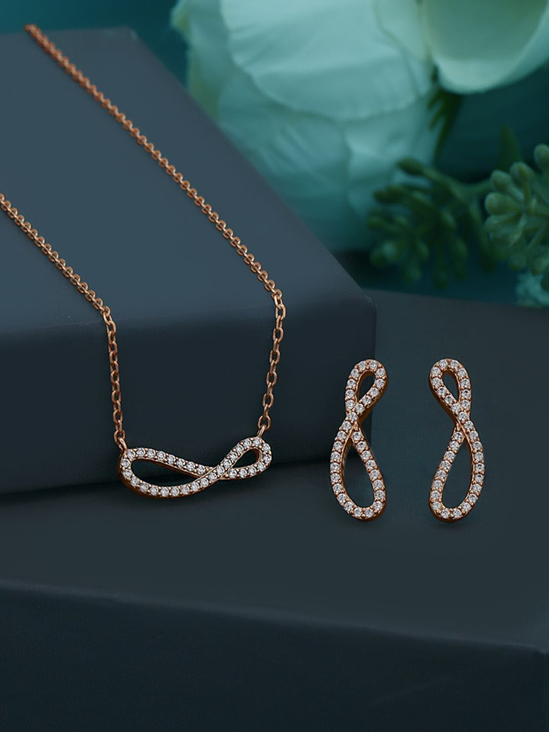 Carlton London 18kt Rose Gold-Plated Cubic Zirconia Studded Infinity Jewellery Set-picture-14