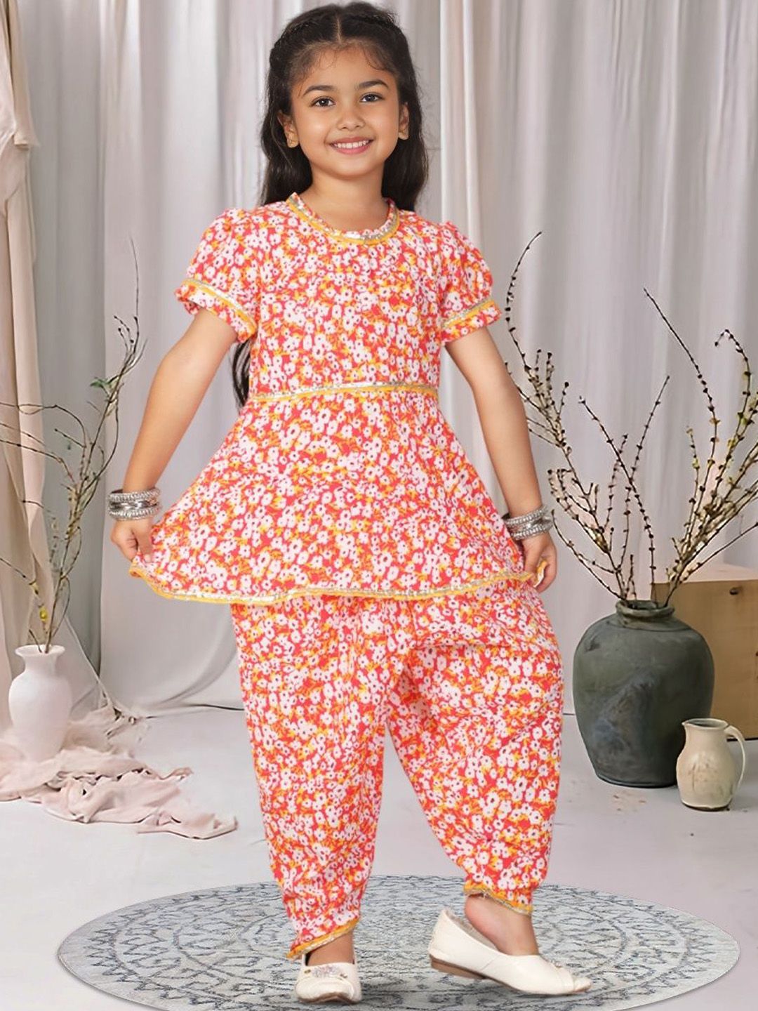 Cutiekins Girls Floral Printed Regular Gotta Patti Kurta with Dhoti Pants-picture-33