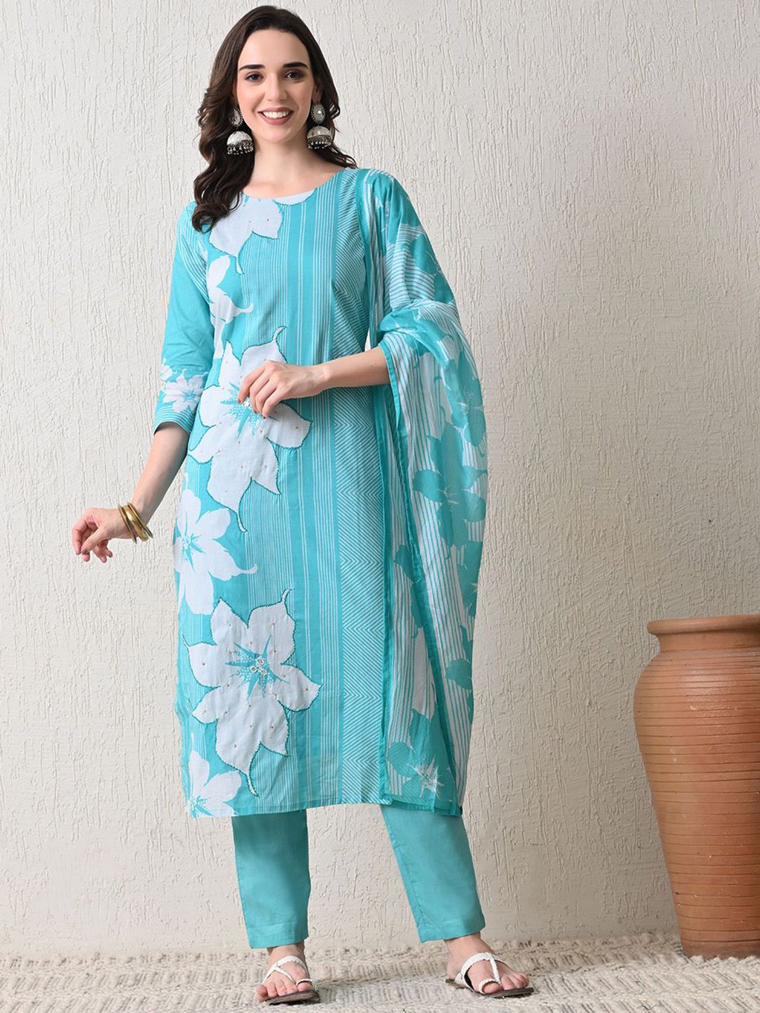 HARIKS Floral Printed Regular Pure Cotton Straight Kurta With Trousers & Dupatta