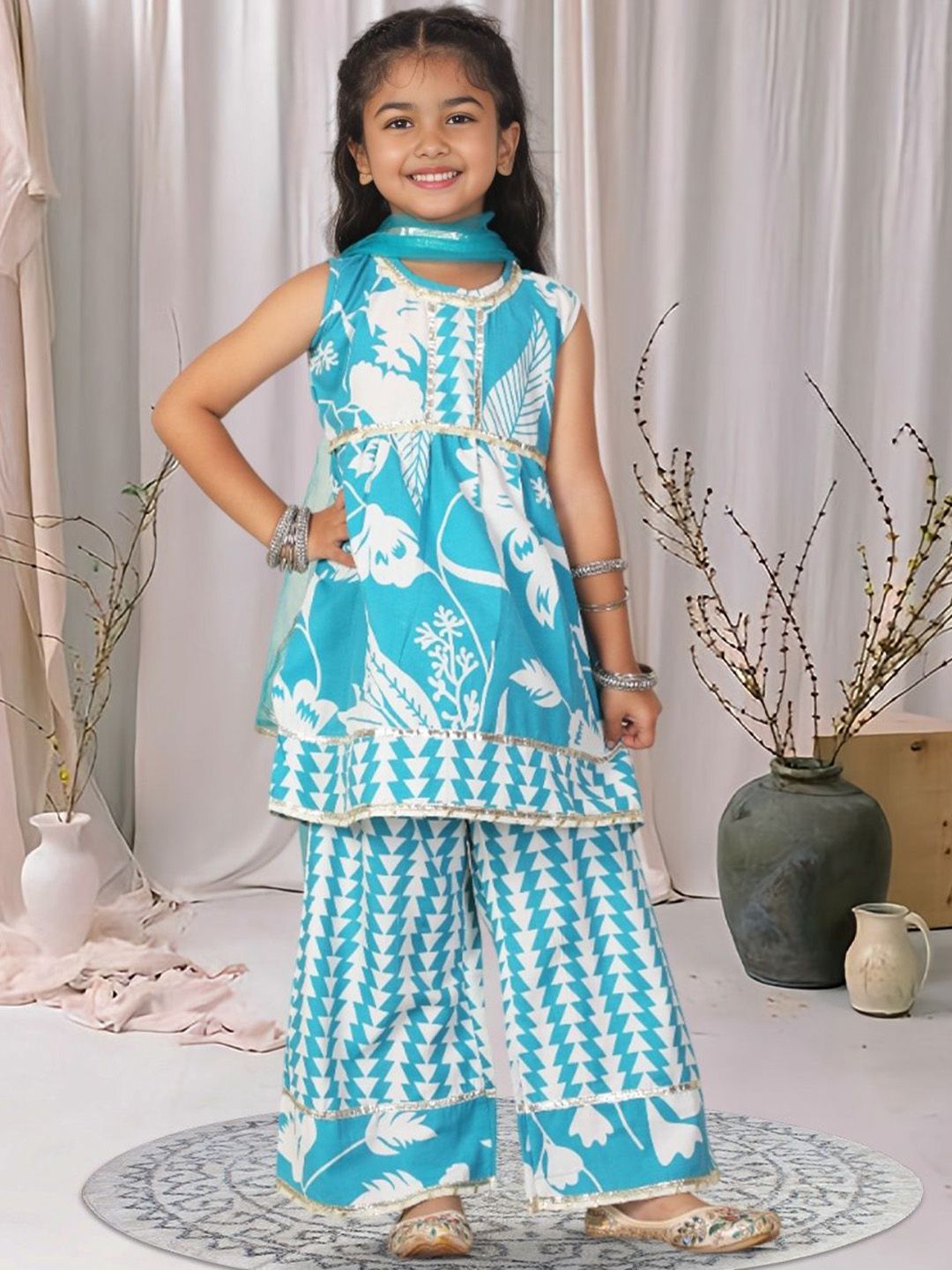 Cutiekins Girls Floral Printed Gotta Patti A-Line Kurta With Palazzos & Dupatta-picture-55