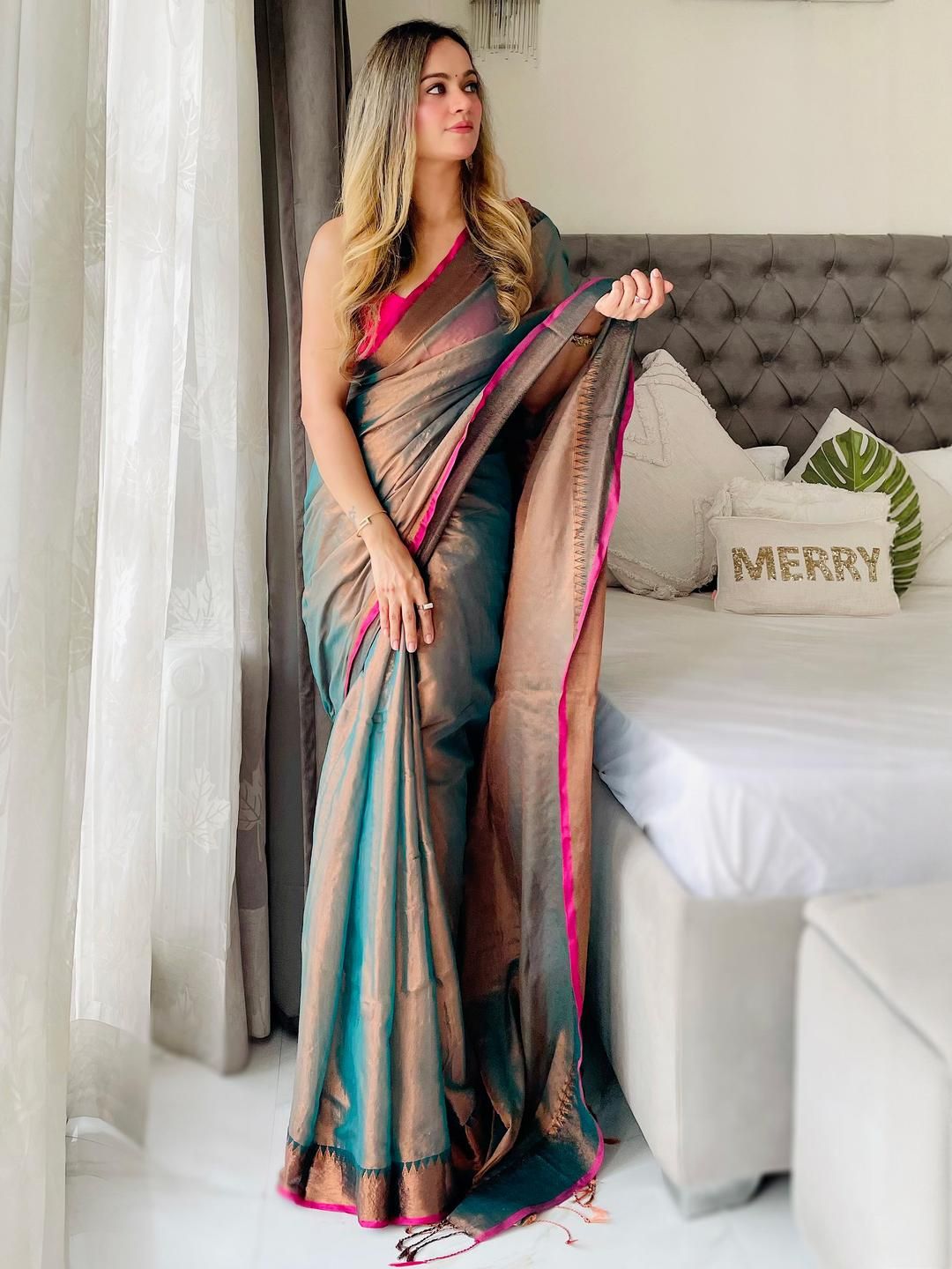 Anouk Teal Woven Design Tissue Sarees-picture-25
