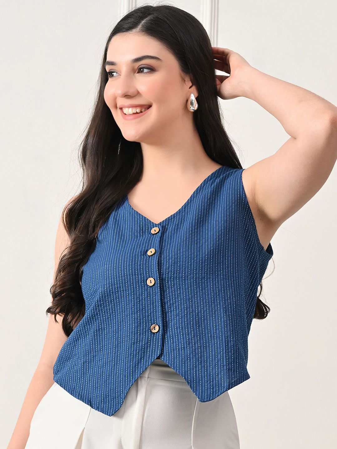 DECKEDUP Women Amee Striped Pure Cotton Waistcoat-picture-11