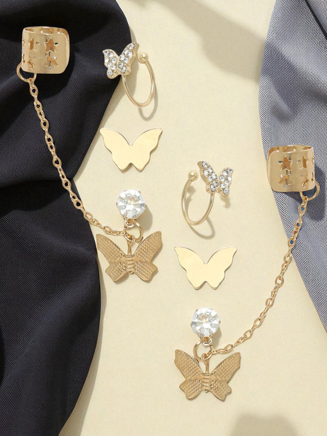 OOMPH Set Of 3 Spherical Shaped Artificial Stone Studded Ear Cuffs-image-43