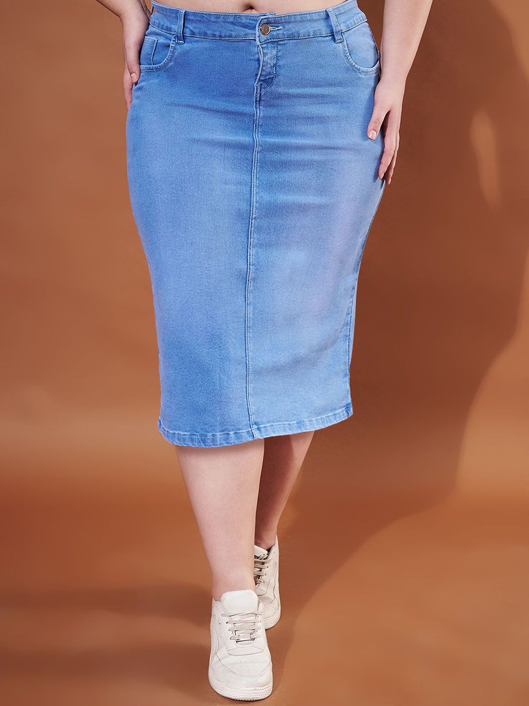 Purple Feather Plus Size Denim Stretchable Skirt-image-12