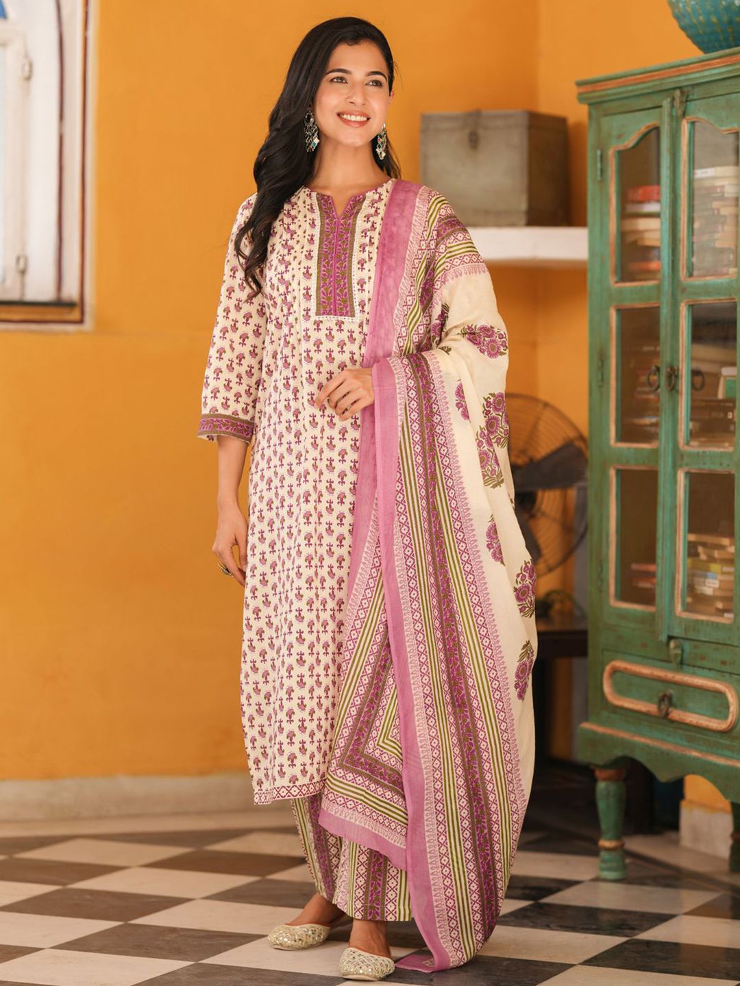 Rain & Rainbow Women Ethnic Motifs Printed Pure Cotton Kurta with Trousers & Dupatta-picture-19