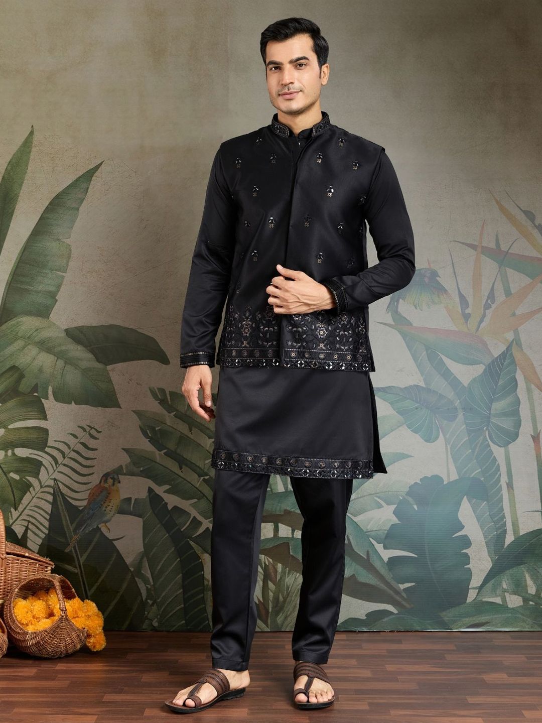 ODETTE Black Silk Blend Embroidered Stitched Kurta Set For Men-picture-35