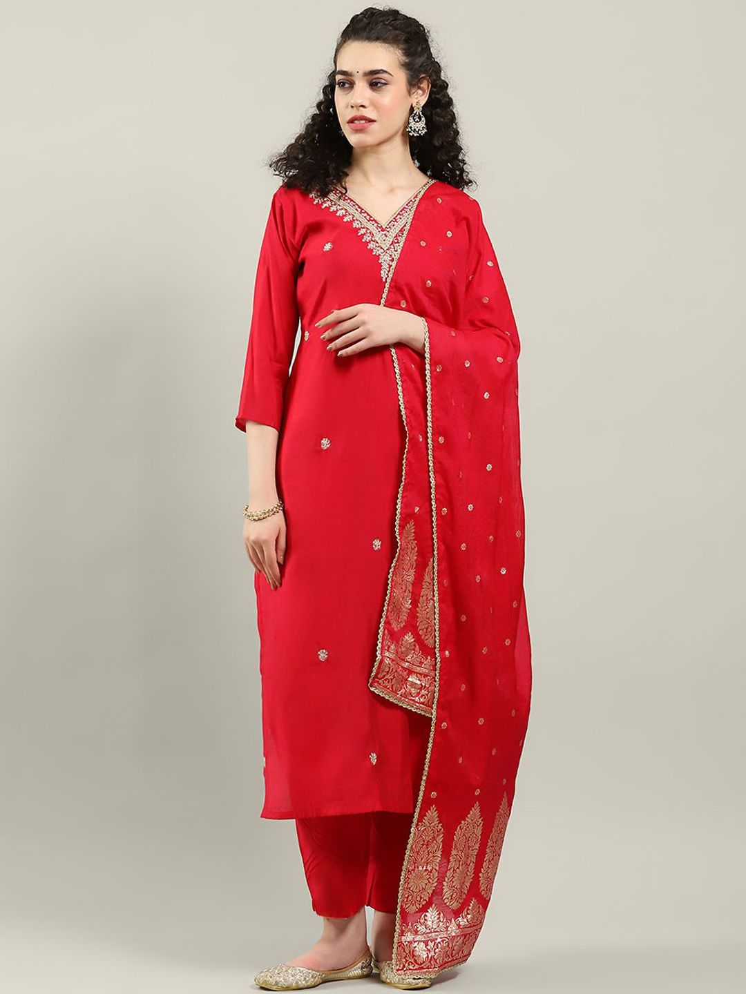 Meena Bazaar Women Embroidered Calf Length Regular Straight Kurta with Trousers