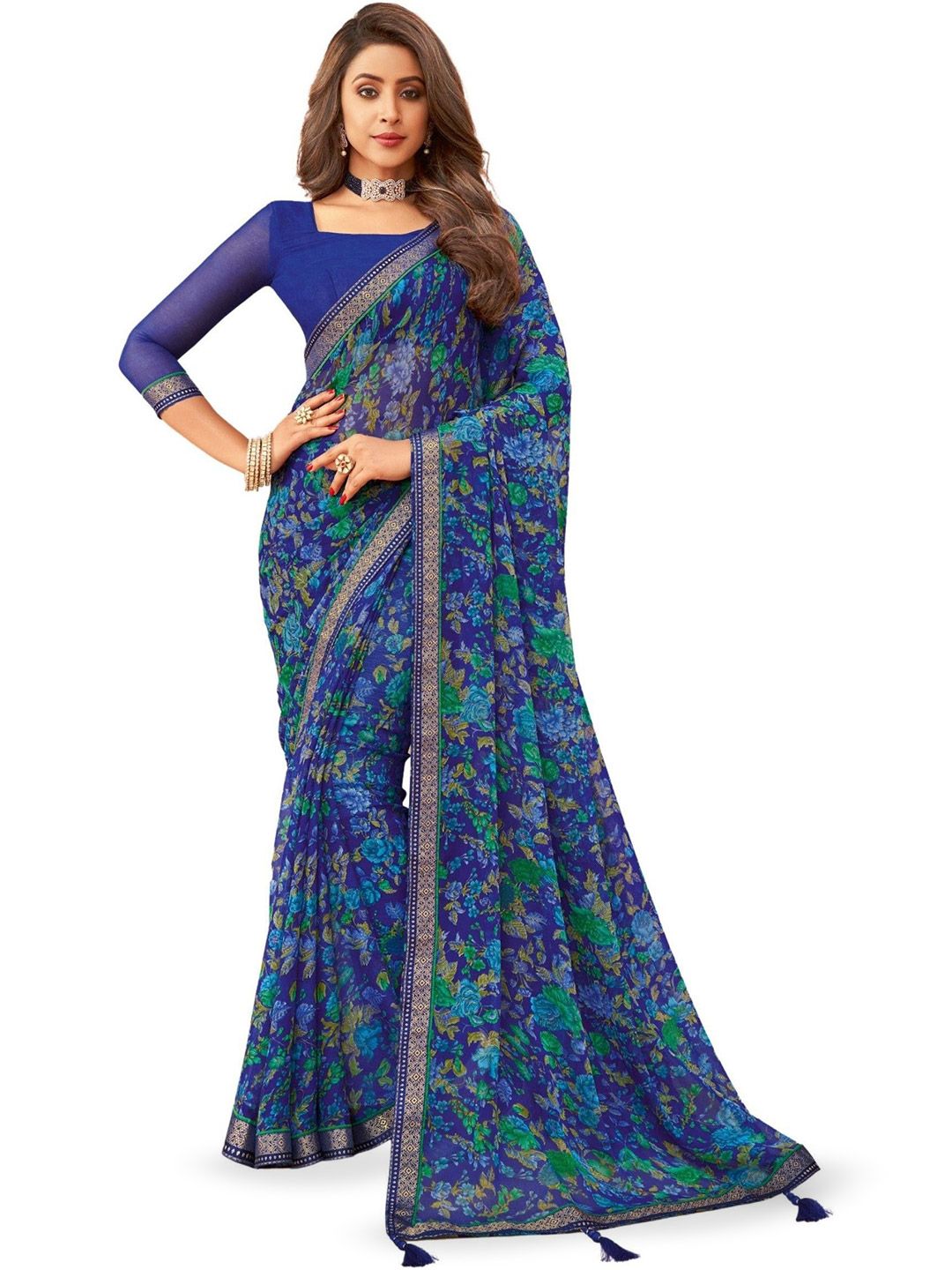 DURGA EMPORIO Floral Printed Zari Pure Chiffon Saree With Blouse Piece-picture-34