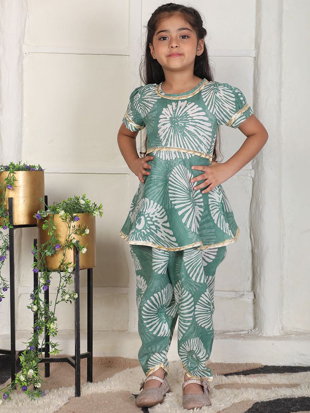 Cutiekins Girls Floral Printed Round Neck Gotta Patti A-Line Kurta With Dhoti Pants-picture-51