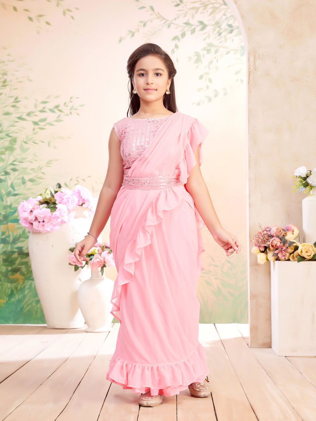 BAESD Girls Georgette Belted Saree With Attachable Dupatta-picture-29