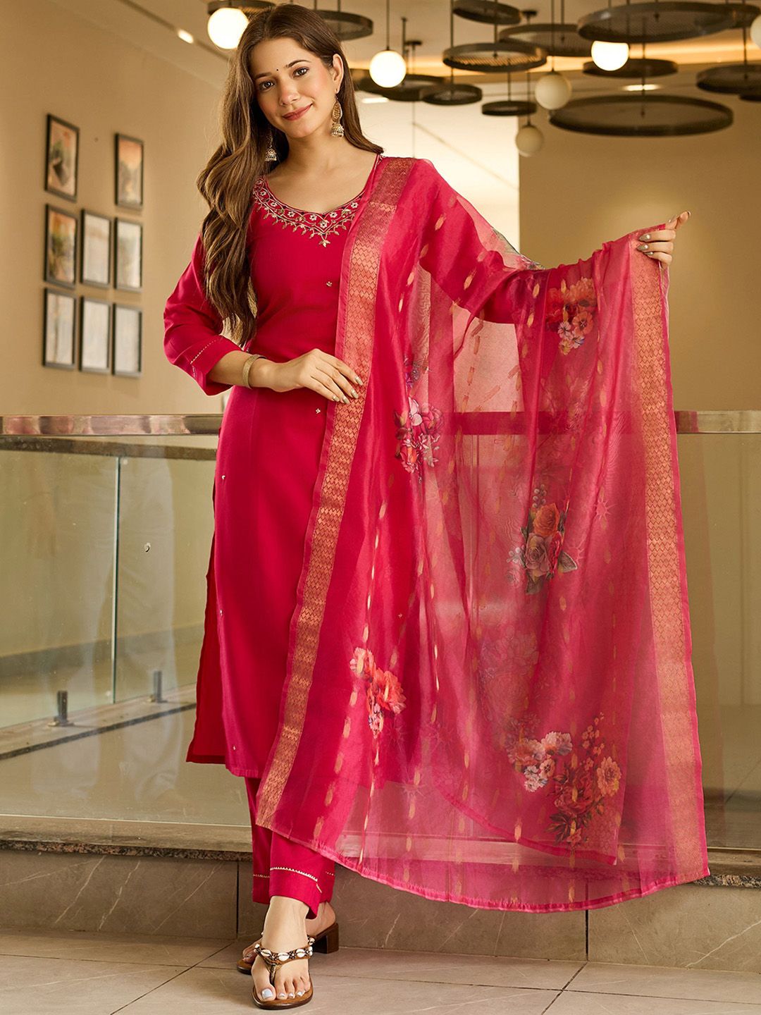 Brand Hill Floral Embroidered V-Neck Thread Work Straight Kurta With Trousers & Dupatta