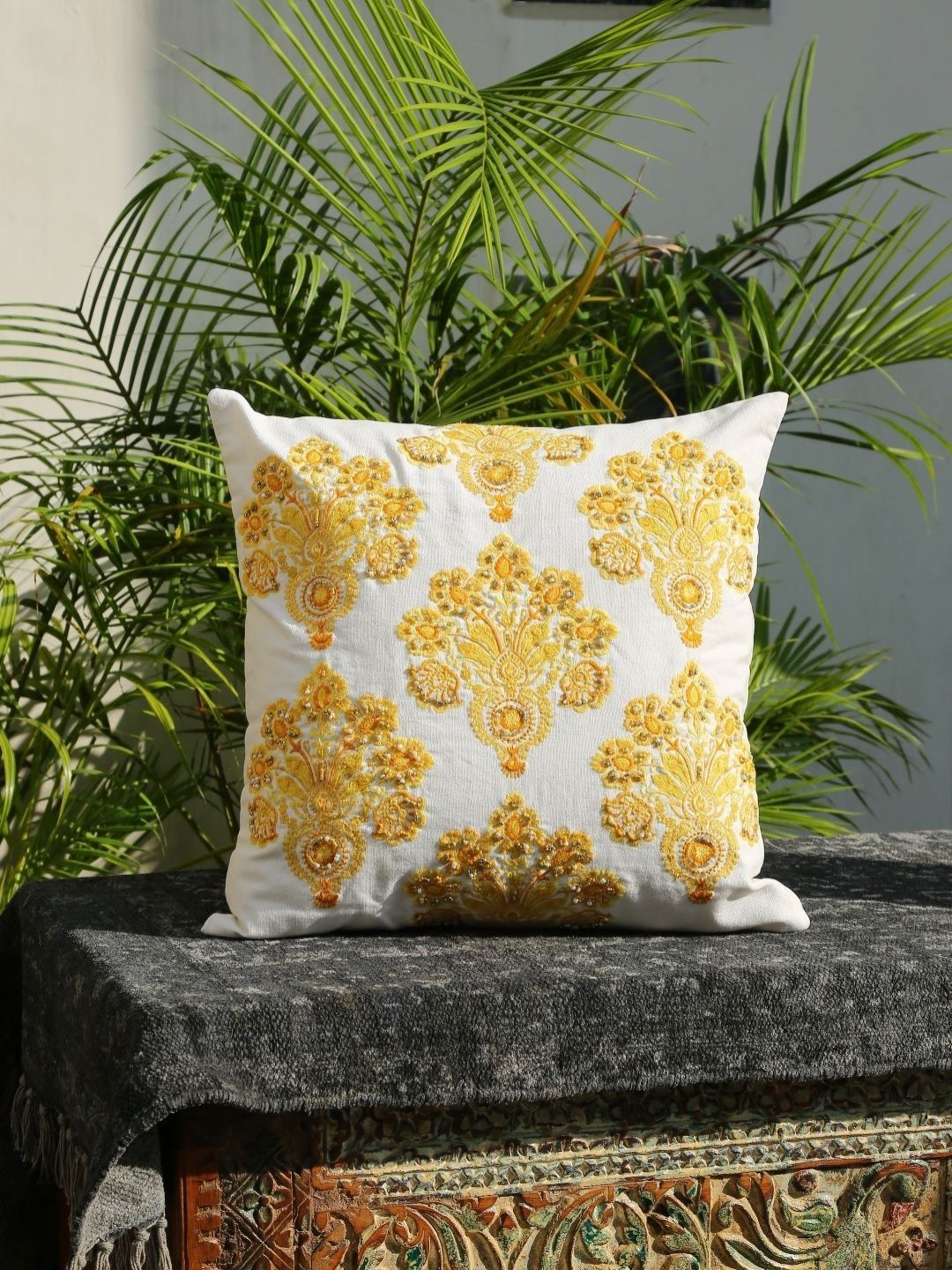 Revive Home White & Yellow Embroidered Square Cushion Covers-picture-10