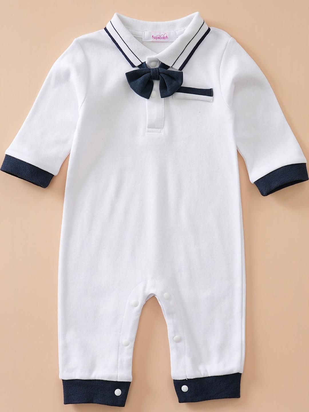 Hopscotch Boys White & Black Solid Full-Sleeve Shirt Collar Cotton Romper With Bow