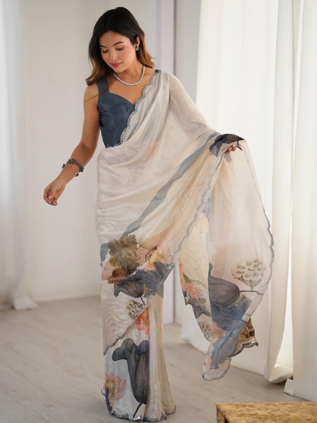 Mitera Floral Mirror Work Pure Chiffon Saree-picture-57